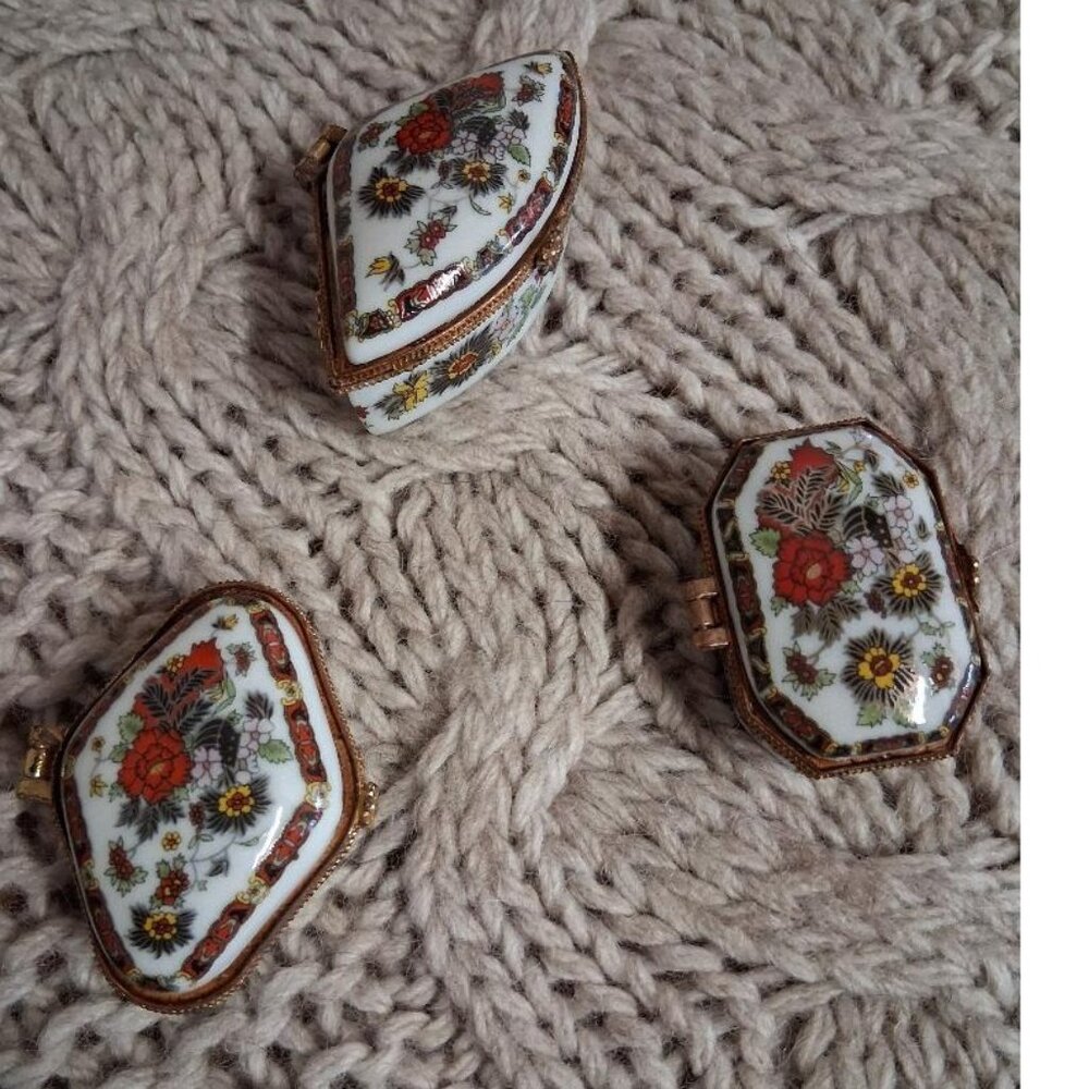 Vintage Floral Porcelain Trinket Box Set Of 3 With Hinged Lids & Gold Accents